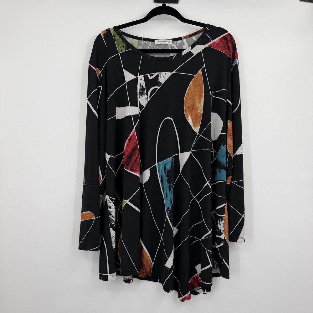 Jess & Jane Tunic Womens 2X Black Round Neck Long Sleeve Jersey Stretch Smooth